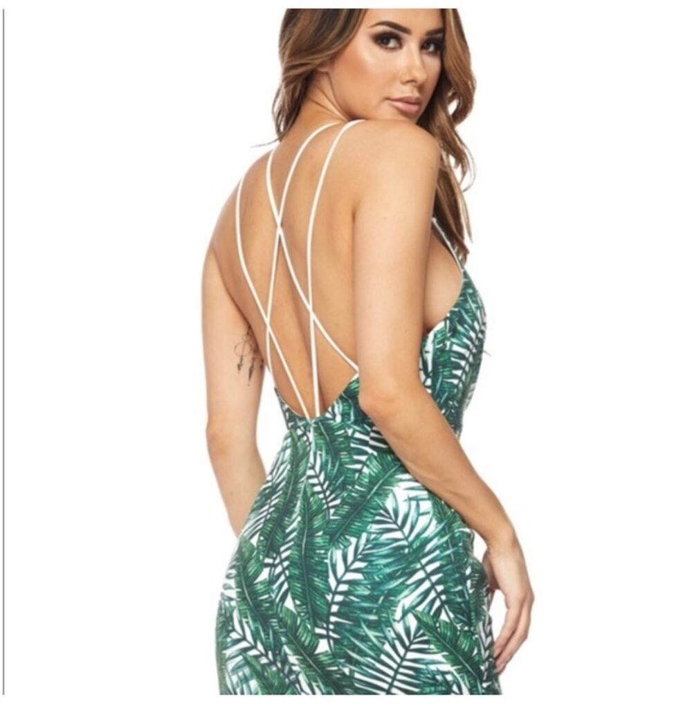 Womens Banjul Dress Small Green White Leaf Tropical Faux Wrap Cross Cross nwot